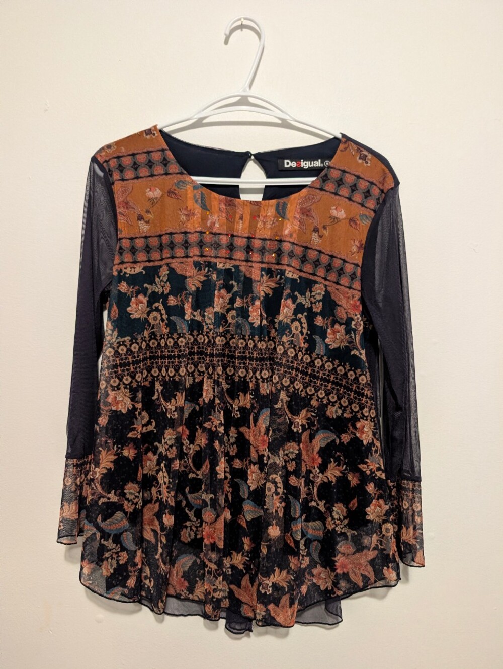Desigual Mesh Boho Floral Paisley Babydoll Blouse Sheer Bell Sleeve Rhinestone M